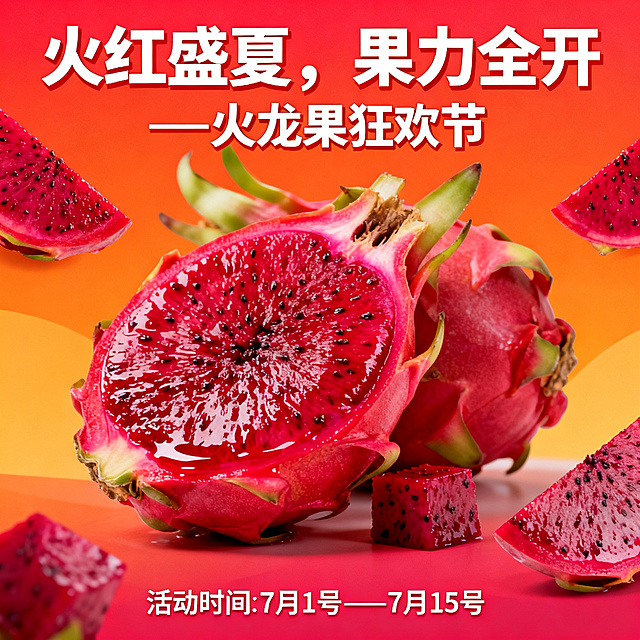 火龙果狂欢节促销活动海报，主题文字"火红盛夏，果力全开——火龙果狂欢节"，活动时间标注"7月1号——7月15号"，画面以新鲜饱满的红色火龙果为主，搭配夏日鲜艳橙红色渐变背景，营造热闹的促销氛围，整体设计醒目吸引食欲，符合电商促销风格
