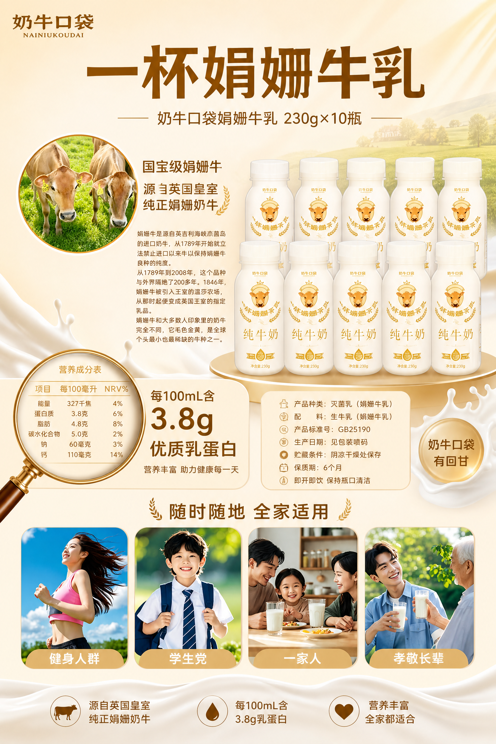 A4竖版娟姗牛乳商业海报，奶黄色温暖渐变背景，柔和自然光，健康… - 图片创意预览