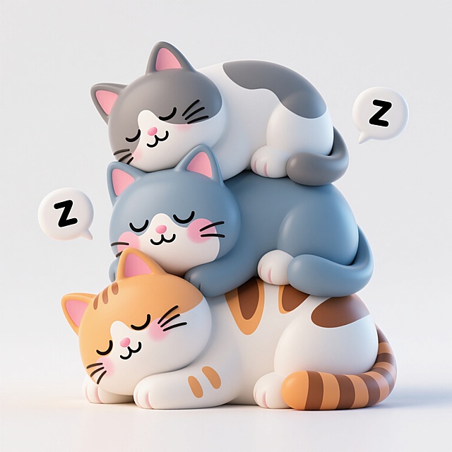 三只堆叠在一起熟睡的猫咪，最上方是灰白相间的猫，中间是灰蓝色的猫，最下方是橘白相间的虎斑猫，它们都有着闭合的眼睛、粉红色的脸颊和耳朵，以及微笑的嘴巴，旁边有两个带有“Z”字样的睡眠气泡，整体呈现出温暖、治愈、可爱的氛围，白色背景，采用3D立体风格，具有光滑的塑料质感和柔和的光影效果，圆润的边缘和饱满的形态，高细节，8K分辨率