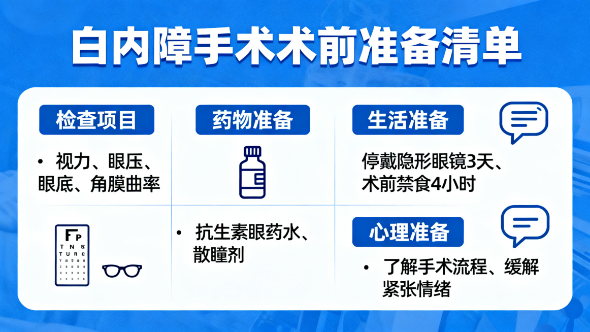 白内障手术术前准备清单图文海报，清晰列出准备事项，医疗科普风格，简约清晰设计预览效果