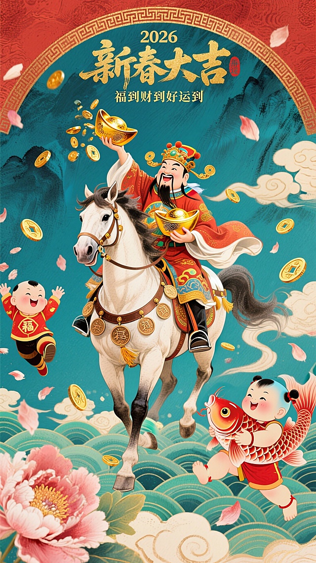 国潮风插画，融合中式元素与拟人化设计，财神骑马携金元宝，童子捧鱼跃动，鎏金水彩质感，喜庆吉祥迎新春。
