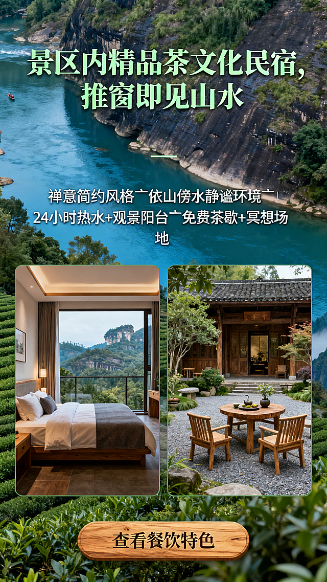 易企秀H5第八页住宿介绍，主标题“景区内精品茶文化民宿，推窗即见山水”，正文“禅意简约风格丨依山傍水静谧环境丨24小时热水+观景阳台丨免费茶歇+冥想场地”，左右分栏分别放置民宿观景房内景图和民宿庭院茶歇图，底部有按钮写着“查看餐饮特色”，主色调茶绿、山水蓝和原木色，背景武夷山实景，思源宋体标题，微软雅黑正文，风格简约雅致符合康养主题