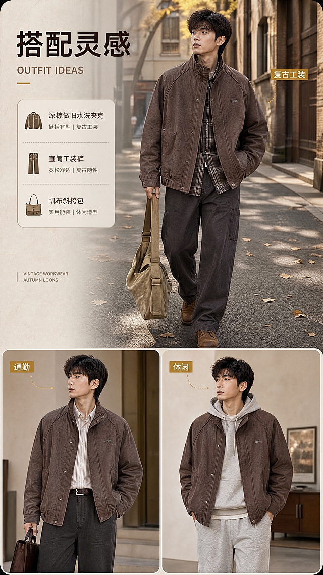 [商品] 使用【图1】深棕色做旧水洗立领拉链夹克（男士宽松短款）；保留高立领、单排5颗圆形按扣门襟、插肩袖、两侧斜插贴袋+银色铆钉加固角点、松紧收口下摆、可调节按扣袖口、左胸COTTON金属铭牌及深棕做旧水洗纹理原貌；商品本体铭牌文字COTTON保持原样不修改；自然去除衣身、袖口与下摆杂乱褶皱并理顺垂坠，增强棉感面料织纹、做旧水洗纹理、明线、按扣、铆钉与铭牌的金属质感，不改变版型、颜色与结构。
[画面] 目标：搭配灵感页，提供穿着代入。构图：上方1张大图（亚洲成年男模穿夹克搭配直筒裤与帆布包的复古工装主造型，约占55%），下方两套小图横向并列（通勤衬衫内搭搭配、休闲卫裤搭配，各约20%），三套穿搭为同一模特且视觉统一；背景延续秋日街景与暖棚拍色块；阅读动线先看主造型再浏览两套搭配。
[视觉] 套系策略：风格=复古工装休闲商业摄影；标题字=现代无衬线粗体；正文字=简洁无衬线体；主色=深棕可可；背景延展=暖沙米白与浅棕的深浅层级、做旧街景与棚拍灰调质感；强调色=暖黄铜，仅用于小面积图标、引线和标签；标题色=深炭棕；正文色=中暖灰棕；组件=圆角浅底信息卡、细线引线、小号英文角标；光影=柔和自然光。
[文字] 横向排版：主标题「搭配灵感」；三套搭配分别配短标签「通勤」「休闲」「复古工装」；小号英文 OUTFIT IDEAS；文字不遮挡人物与夹克。
[规格] 淘宝/天猫详情页，9:16竖版，1080×1920，4K；避免商品变形、颜色改变、版型改变、文字竖排/旋转/错字、冷蓝或蓝灰主色、COTTON铭牌文字改动、多余Logo、水印、二维码、绝对化用语。
