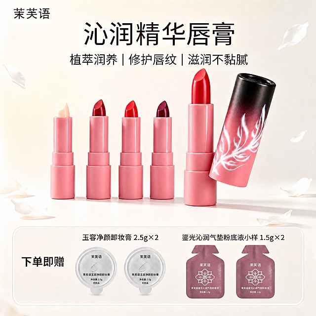 局部修正唇膏主图：1）将主图产品（多支沁润精华唇膏展示）整体向上移动，留出更多底部空间给赠品区；2）修正赠品区两个"鎏光沁润气垫粉底液小样"袋的形状：以参考图（最后一张实拍图）为准，袋身饱满自然、顶部梯形撕口左右对称、底部圆角，禁止压扁、扭曲、比例不协调、方形化；3）小样颜色保持暗紫红/豆沙红/干枯玫瑰调不变。
[严禁改动] 唇膏产品外观与色号、背景花瓣与装饰、所有中文文字（沁润精华唇膏/买单支送/买双支送/含量标注等）、卸妆膏赠品、排版布局风格、Logo均不得改变，只允许产品位置上移和小样形状修正。
[输出要求] 4K超清，产品上移后整体构图协调，赠品区信息完整清晰，文字锐利，无变形无模糊无水印。
