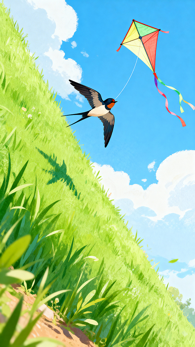 原创设计另一款主题为春天的美丽的广告宣传图片，采用明亮饱满的撞色搭配和童趣春日图案，原创手绘插画风格，原创设计不使用网上素材，画面包含燕子、风筝、青草地，整体充满春日欢快氛围