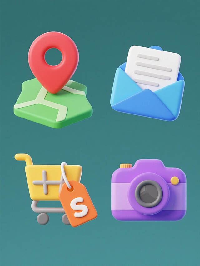 四个具有相同3D立体图标风格的坐标系列素材集合，规整排布在纯色背景上。每个图标都保持了圆润的边缘、平滑的渐变色彩和轻微的阴影效果，展现出一致的现代感和简洁设计。第一个图标为红色定位标记放置在绿色地图上，第二个图标为蓝色信封叠加在白色纸张上，第三个图标为黄色购物车搭配橙色价格标签，第四个图标为紫色相机与灰色照片图案组合。整体色彩方案协调统一，每个图标都有独立的主色调但保持整体视觉平衡，元素类目保持信息标识类图标特征，画面布局整齐有序，呈现出专业的坐标式图标集设计感。