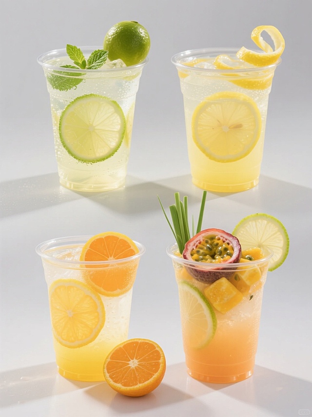 一套4个规整排布的柠檬水素材，保持高清写实摄影风格，纯色背景，无任何文字和装饰元素。每个素材均为透明塑料杯装柠檬水，杯身有自然冷凝水效果，液体呈现明亮通透的黄色调，内部漂浮着切片水果。第一个杯子装有青柠片和薄荷叶，杯口点缀整颗青柠；第二个杯子内含金桔片和柠檬片，杯旁摆放对半切开的金桔；第三个杯子混合百香果块和柠檬片，液体呈浅橙色；第四个杯子加入柠檬草和青柠角，杯口装饰柠檬皮卷。所有杯子均采用相同的45度角侧视构图，光线从左上方照射形成柔和阴影，水果切面纹理清晰可见，保持统一的清新明快氛围。