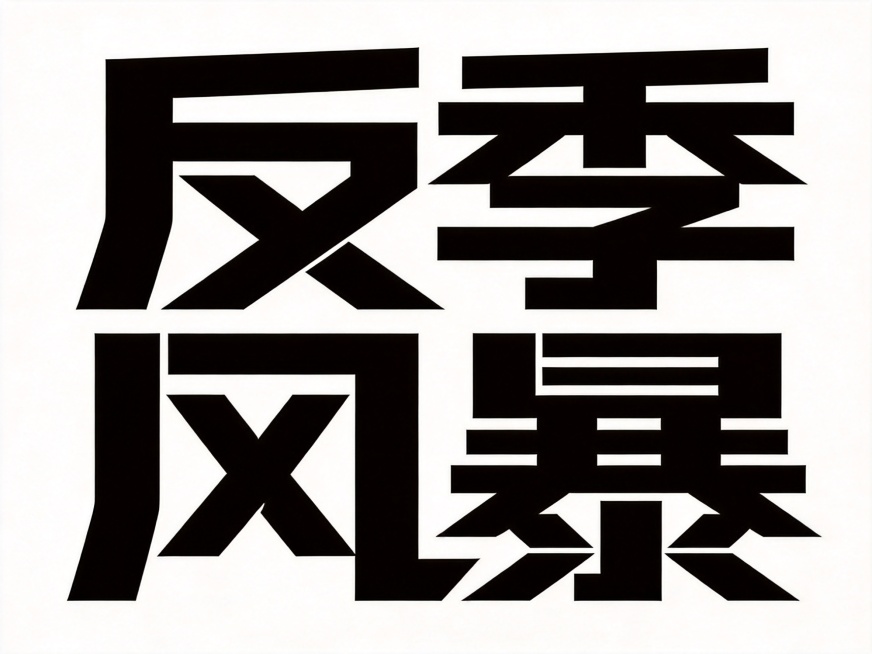 参照参考图设计字体，字体风格和参考图完全一致，采用极粗黑体，笔画末端锐利斜切，使用硬直线条，字形进行解构重组，紧密咬合穿插，整体具有动感张力。内容替换为"反季风暴"，白底黑字，只保留纯文字，不需要其他预览效果