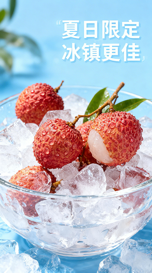 基于原图的新鲜荔枝，生成电商详情图，添加文案"夏日限定 冰镇更佳"，展示荔枝放在装满冰块的玻璃碗里，水珠挂在表皮，清凉解暑氛围感