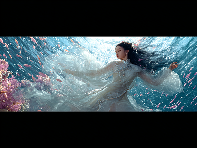 A beautiful Chinese girl dancing gracefully underwater, wearing a translucent qipao with pearl and seashell decorations, long hair flowing like seaweed, ethereal expression. Deep ocean background, glowing bioluminescent corals, schools of pink luminescent fish swimming around, giant pearl oysters, sunlight rays refracting through water surface, bubbles floating upwards. Dreamcore, Surrealism, Chinese traditional aesthetics, high detail, 8k resolution, cinematic lighting, volumetric lighting, water caustics effects, soft focus, magical atmosphere. Slow motion swimming dance, hair and clothes drifting with the water current, fish gathering around the dancer, camera following the movement smoothly