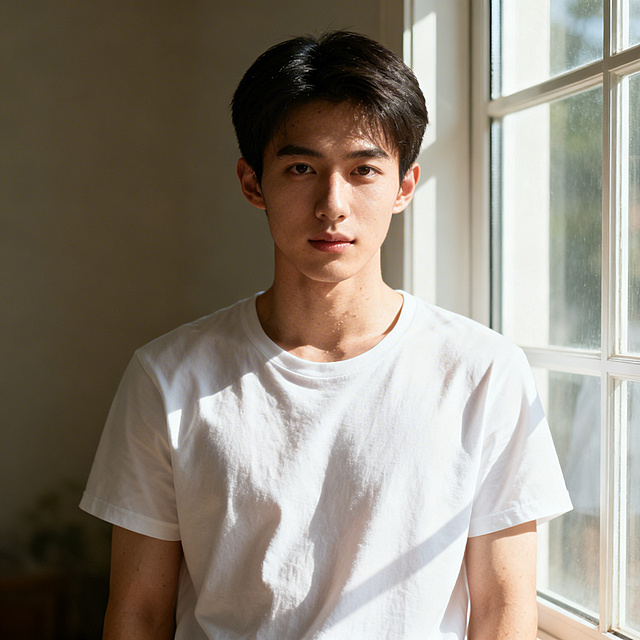 写实人像，清爽男生，白色T恤，窗边自然光，正面肖像，皮肤纹理真实