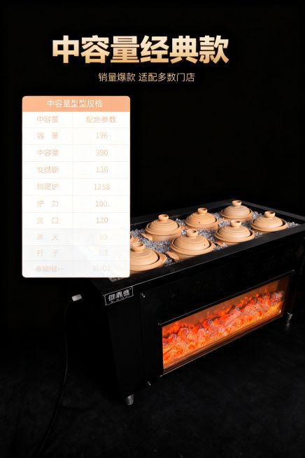 商用养生炖汤炉中容量规格详情图，风格简介大气高端，深色雅黑背景，右侧放中容量产品整体实拍图，左侧放对应中容量型号规格参数表格，表格清晰工整，保留原有浅橙白配色，文字清晰可辨，主标题为“中容量经典款”，预览效果