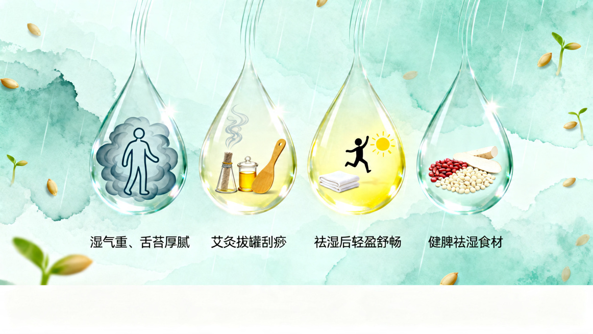 谷雨节气中医养生主题电商主图，淡青色水墨晕染背景，轻柔雨丝和发芽谷粒点缀，底部预留1/4空白区域放文案。画面中有四个半透明下落的水滴从左到右排列，水滴带有拖尾水痕呈现下落动感，水滴整体呈半透明玻璃质感预览效果