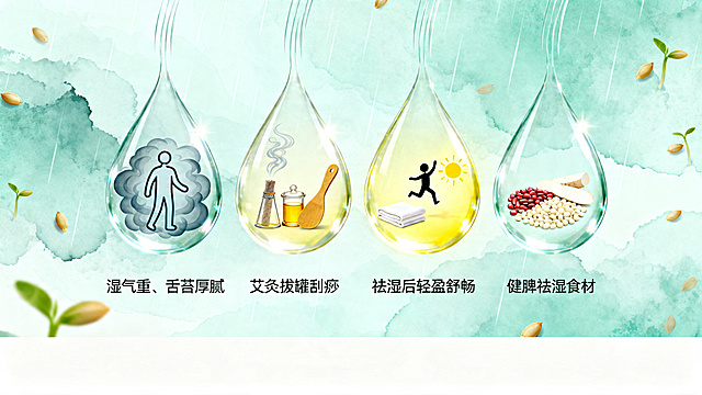 谷雨节气中医养生主题电商主图，淡青色水墨晕染背景，轻柔雨丝和发芽谷粒点缀，底部预留1/4空白区域放文案。画面中有四个半透明下落的水滴从左到右排列，水滴带有拖尾水痕呈现下落动感，水滴整体呈半透明玻璃质感，边缘有高光。第一个水滴（湿气表现）：内部画一个身体困重、被灰蓝色水雾缠绕的人形简笔，表现"湿气重、舌苔厚腻"，符号化风格。第二个水滴（理疗技法）：内部画艾条点燃的袅袅艾烟、一个玻璃拔罐和刮痧板，暖黄色调，表现"艾灸拔罐刮痧"。第三个水滴（理疗效果）：内部画一个身体轻盈跳跃的小人、干爽毛巾和温暖阳光符号，明亮暖黄色，表现"祛湿后轻盈舒畅"。第四个水滴（健脾食材）：内部画薏米、赤小豆、山药三样食材的小图标，米白色和淡红色，表现"健脾祛湿食材"。整体干净健康养生感，电商主图风格，清晰简洁