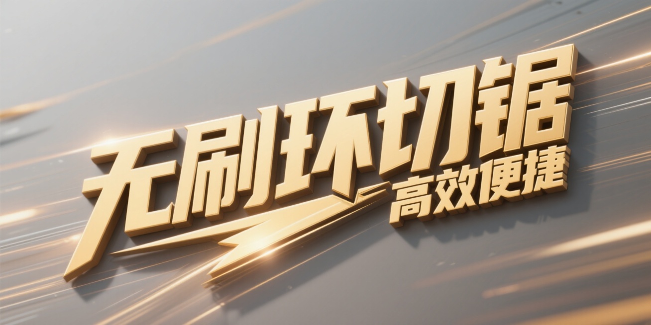 艺术字体设计，主体文字为“无刷环切锯”，搭配稍小字体“高效便捷”，字体采用粗体设计，笔画边缘带有锐利的切割感与速度线效果，营造出蓬勃向前的动感，整体色调为纯净的金色字体，形成鲜明对比，添加细腻的光影效预览效果