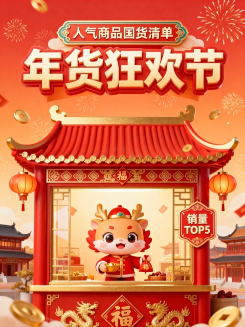“年货狂欢节・人气商品国货清单” 促销海报，核心元素：红金中式小商铺（饰福字纹、灯笼）、卡通吉祥物（着红装持年货）、“销量 TOP5” 标识牌；文字布局：顶部 “人气商品国货清单” 匾额、主标题 “年预览效果