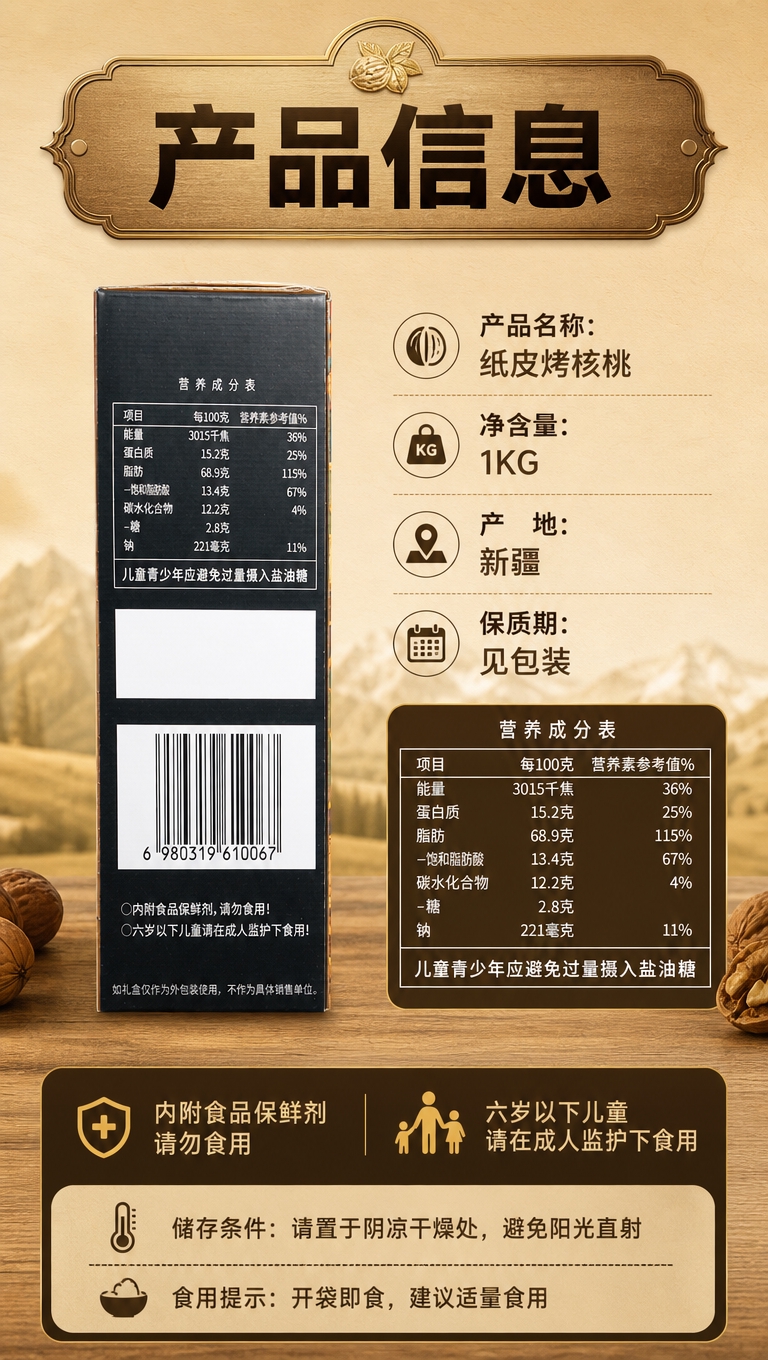 [商品] 使用【图1】神秘尼雅纸皮烤核桃礼盒侧面图（带营养成分… - 图片创意预览
