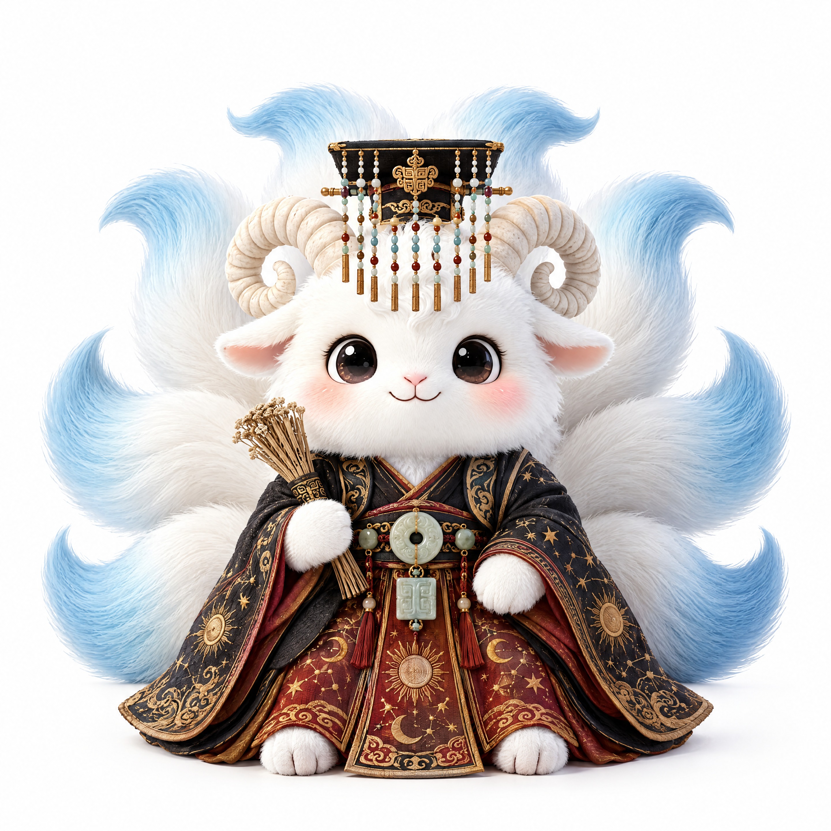 保持这只九尾蓝尾白羊神兽（猼訑）的形象、毛绒质感和可爱风格完全… - 图片创意预览