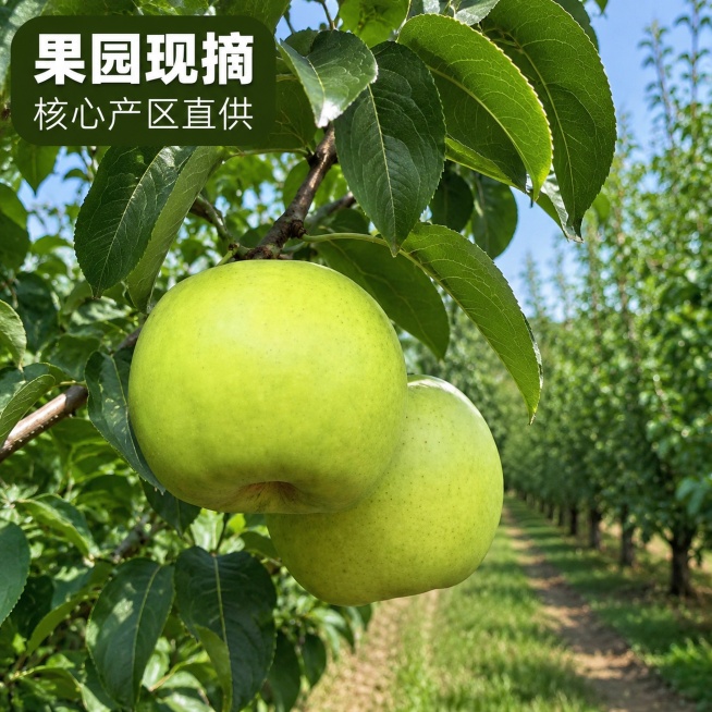 [主图-2] 苏翠一号梨子产地展示，核心亮点溯源。
[氛围风格] 自然果园风，真实生态种植氛围，新鲜自然。
[画质] 商业摄影质感，清晰自然，真实可信。
[元素] 前景展示两颗挂在枝头完整的苏翠一号青预览效果