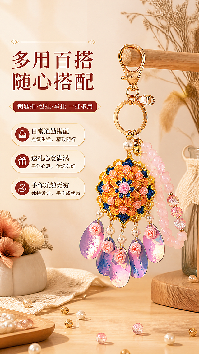 [商品] 使用【图4】粉蓝宝相花款挂件；保留挂件整体结构、金色花型边框、粉蓝配色、粉珠串、亮片水滴吊坠、珍珠与金属扣，增强珠串通透感和亮片反光。
[画面] 第2张·使用场景展示，挂件自然垂挂展示，主体居中偏右占画面50%；左侧为文案区；背景为暖调浅米色柔和背景，搭配木质桌面与干花小道具，营造温馨手作氛围；前景点缀散落的小珠子。
[视觉] 套系策略：风格=国风精致手工感商业摄影；标题字=国风宋体加粗带衬线；正文字=圆润无衬线体；主色=暖金+朱砂红；背景延展=暖米杏色渐变、细腻织物质感；强调色=朱砂红，用于标签和重点文字；标题色=深棕红；正文色=暖棕灰；组件=圆角金边信息卡、细金线引线；光影=左前侧暖柔光，金属件带高光。
[文字] 左上主标题"多用百搭 随心搭配"，副标题"钥匙扣·包挂·车挂 一挂多用"，下方三个短卖点："日常通勤搭配"、"送礼心意满满"、"手作乐趣无穷"；全部文字横向排版，不遮挡挂件主体。
[规格] 图片比例9:16竖版，4K，medium画质，避免变形、错字、文字过小、冷色调背景、挂件颜色改变。