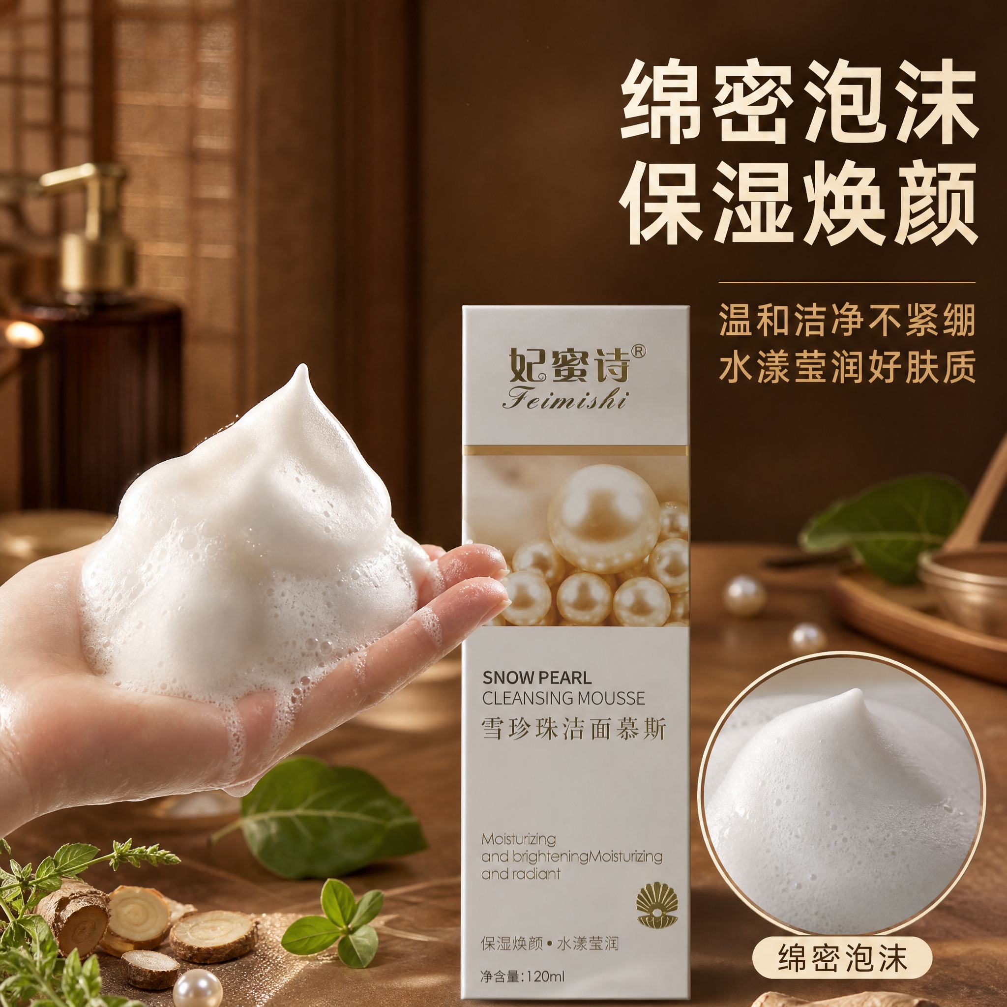 [主图-3] 质地与使用场景，展示洁面慕斯的绵密泡沫质地和使用… - 图片创意预览