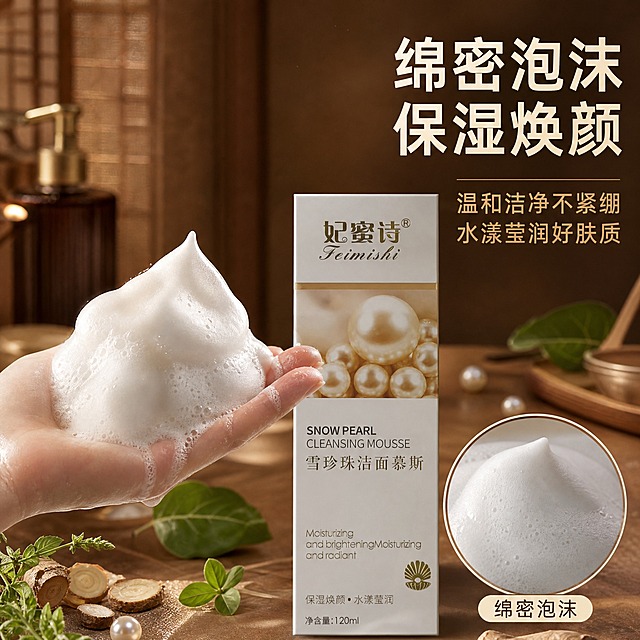 [主图-3] 质地与使用场景，展示洁面慕斯的绵密泡沫质地和使用效果，棕色中药风主题。
[统一基调] 整体风格为温润棕色中药风，背景主色为深棕到浅棕的渐变质感，点缀草本植物元素，标题字色为米白色，辅助字色为浅金色，强调色为珍珠白光泽，字体为干净的非衬线体，字号层级分明，卡片和边框采用细金线装饰，整体传递天然草本、温润养肤的专业感。
[画面] 画面左侧为一只女性的手，手心向上，捧着一团丰富绵密的白色洁面泡沫，泡沫细腻有光泽，像奶油般的质感，部分泡沫从手指间溢出。手的后方偏右位置放置产品包装盒，占画面约30%，正面展示。背景为温暖的棕色浴室台面场景，台面上散落几片草本叶子和一两颗珍珠，背景虚化处理，突出前景的泡沫和产品。画面右下角有一个圆形特写小窗，放大展示泡沫的细腻纹理，小窗下方标注"绵密泡沫"。整体画面传递温和洁净、保湿焕颜的使用感受。
[光影质感] 商业摄影质感，主光从左上方照射，手部皮肤有自然的光泽和纹理，泡沫有细腻的气泡反光和柔和的阴影，产品包装盒光影自然真实，背景虚化有层次感，整体光线温暖柔和，棕色色调统一。
[配色] 主色调为棕色系、米白色、金色，泡沫为珍珠白色，手部肤色自然，草本绿色点缀，整体色调温暖和谐。
[文字版式] 画面右上角主标题："绵密泡沫 保湿焕颜"，米白色大号粗体字。主标题下方两行小字："温和洁净不紧绷 水漾莹润好肤质"，浅金色中号字体。圆形特写小窗内文字为深棕色"绵密泡沫"。文字均放在右侧和上方负空间，不遮挡手部和产品主体。
[输出要求] 比例1:1，文字清晰可读，产品清晰完整，手部自然无畸形，无变形错字，无水印，无平台Logo，无杂乱元素。