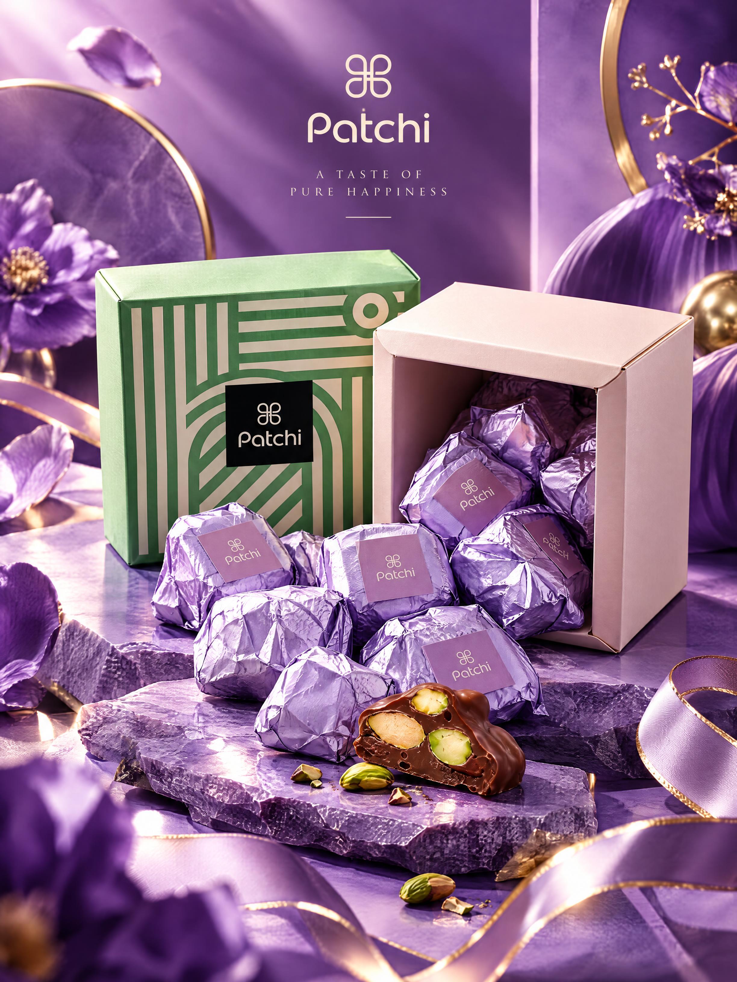 高端商业产品海报，主体是Patchi巧克力礼盒与紫色锡纸包装的… - 图片创意预览