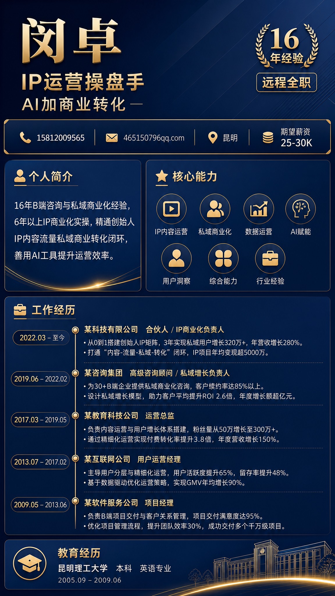一张高端新媒体风格的个人简历海报，竖版9:16比例，极简商务风… - 图片创意预览