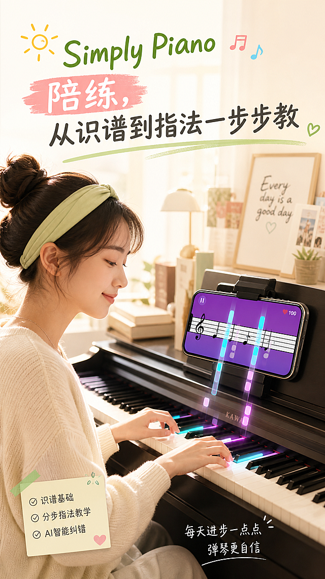 第二张图：同一女孩拿着手机，打开Simply Piano钢琴陪练软件，跟着APP界面灯光提示弹奏钢琴，表情放松享受，文案是"Simply Piano陪练，从识谱到指法一步步教"，整体色调清新温暖，适合小红书风格，9:16竖版