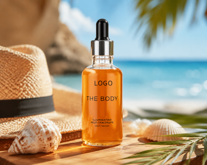 English e-commerce main image for THE BODY illuminating self-tan drops, product in summer vacation b预览效果