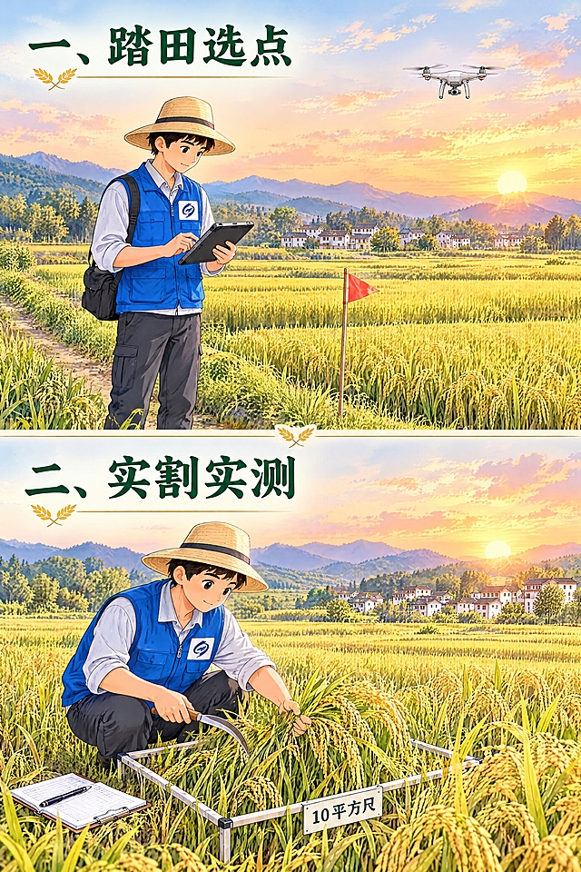 竖版长图，写实卡通漫画风格，线条简洁、色彩淡雅、自然不夸张，与中秋丰收系列海报衔接：柔和的黄昏色调，浅蓝天空、暖橙晚霞、金黄稻田、远山村落，光线明亮。

画面分上下两个独立场景分区，用浅金色细线分隔，每个分区左上角有对应文字标题：

上半部分标题：'一、踏田选点'，场景：一位农业统计调查员（写实卡通人物，戴遮阳帽、穿蓝色调查马甲，马甲胸前清晰绘制参考图第一张（https://gdesign-dam-hz.dancf.com/37934924259904534/2efc1e69e2584597a729ef97c06d0727.png?x-oss-process=image/resize,l_3000,image/crop,w_3000,h_3000,g_center）中的蓝色双弧统计标志）站在稻田田埂上，手持PDA平板核对地块位置，远处有无人机在稻田上空航拍，田埂边插着小旗标记，人物自然朴实。

下半部分标题：'二、实割实测'，场景：同一位调查员蹲在金黄稻田里，手持镰刀收割方形样方框内的稻穗，样方框标着'10平方尺'，旁边放记录本，稻穗颗粒饱满，动作专注真实。

每个分区画面完整、留白舒适，标题为深墨绿色较大字体，场景色彩淡雅、线条干净，人物比例写实（非大头Q版），整体画风与系列衔接，无统计徽标外的多余元素，无夸张动漫效果。