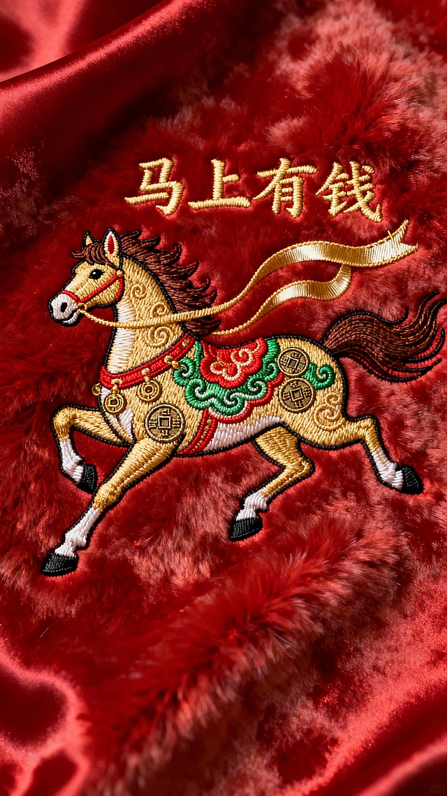 刺绣风骏马跃动，工笔细节精致，重拟物质感十足，浮雕般立体呈现，红金配色尽显中式喜庆与民族韵味，寓意“马上有钱”，节日氛围浓厚。