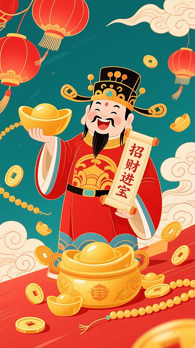 我想生成一副100*75cm的财神爷的IP图、背景中要有元宝、黄金、或者金钱元素、帮我生成提示词