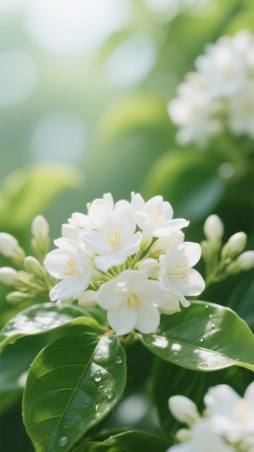 一张以盛开的白色茉莉花为主体的高清摄影背景图，花朵层层叠叠，花瓣洁白饱满，花蕊呈淡黄色，部分花苞含苞待放，翠绿的叶片宽大厚实，表面带有自然的光泽和清晰的叶脉纹理。画面采用浅景深效果，主体花朵位于画面中心稍偏下位置，细节清晰锐利，背景中的茉莉花和绿叶逐渐虚化，形成柔和的绿色渐变模糊效果，营造出清新自然、生机勃勃的氛围。光线明亮柔和，从上方照射下来，花瓣边缘有淡淡的高光，叶片上点缀着细微的反光点，……预览效果