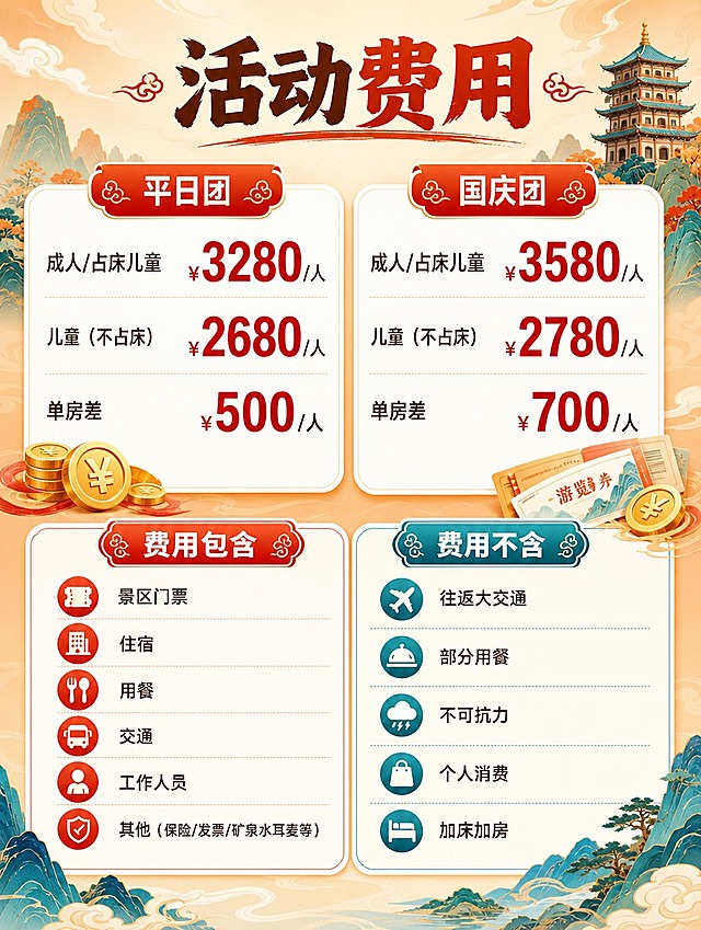 [商品] 非实物旅游服务产品，河南5日跟团游费用页；无实物商品，以价格卡片与费用清单为视觉主体，保留用户提供的全部价格档位与费用包含/不含文字内容。
[画面] 页面目标：清晰呈现活动费用与费用包含/不含规则。竖版3:4详情页，上半部分为价格区（平日团+国庆团两组价格卡），下半部分为费用包含与费用不含两大模块。主体占比：价格区约占40%，费用说明区约占55%。构图：顶部标题→中部左右两张价格大卡（平日团、国庆团）→底部左右分栏（费用包含、费用不含）；阅读动线从上到下。前中后景：背景为暖橙米白渐变+淡云纹，中层为价格卡与清单模块，前景有少量钱币/票据图标装饰。
[视觉] 套系策略：风格=年轻文旅国潮风，清新明亮，插画+轻质感结合；标题字=粗体国潮无衬线中文字，醒目有力；正文字=简洁现代无衬线体，清晰易读；主色=朱砂红+暖橙+天青蓝；背景延展=基于暖橙米白做渐变底色，叠加淡云纹、山水纹理，层次丰富不暗沉；强调色=朱砂红，用于价格数字、重点标签、勾选图标；标题色=深赭石+朱砂红；正文色=深棕灰；组件=圆角价格卡（白底+红橙色标签）、勾选/叉选图标、分栏清单、细线分割；光影=柔和漫射光，卡片带轻微投影，整体明亮。
[文字] 顶部主标题：活动费用。中部价格区两张卡片：左侧「平日团」成人/占床儿童 ¥3280/人，儿童（不占床）¥2680/人，单房差 ¥500/人；右侧「国庆团」成人/占床儿童 ¥3580/人，儿童（不占床）¥2780/人，单房差 ¥700/人。价格数字放大加粗。底部左侧「费用包含」6条：景区门票、住宿、用餐、交通、工作人员、其他（保险/发票/矿泉水耳麦等）；右侧「费用不含」5条：往返大交通、部分用餐、不可抗力、个人消费、加床加房。每条配小图标，文字横向排版，层级清晰，手机端可读。
[规格] 图片比例3:4竖版，4K分辨率，负向提示：避免暗沉、灰暗、文字过小、竖排文字、错字、价格数字不清晰、第三方平台logo水印。