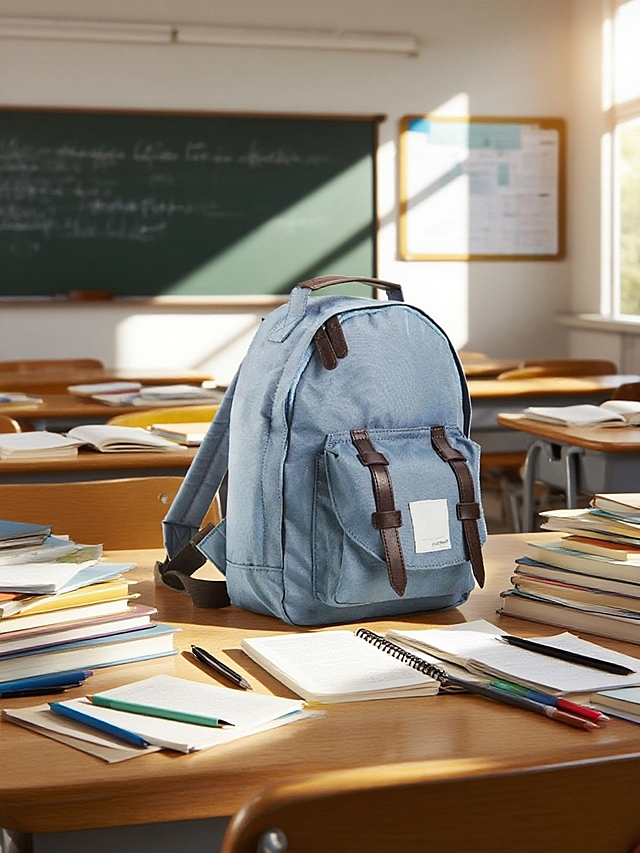 简约主义风格，蓝色背包置于书桌，阳光洒入教室，营造清新舒适实景感。