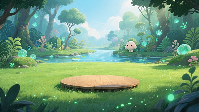 梦幻插画风，清新卡通自然场景，虚拟生物点缀，营造童话般氛围。