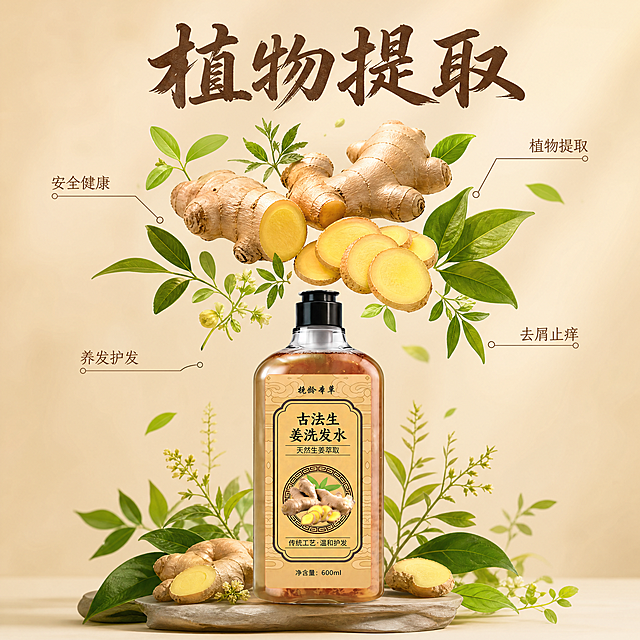[主图-2] 生姜洗发水核心成分解析图，传统中医药风格，天然植萃主题。氛围风格：传统草本天然纯净质感，质朴国风。画质：商业摄影质感，光线柔和通透，画面干净高级。元素：画面中心悬浮新鲜生姜原料，完整生姜+切片展示纹理，周围搭配真实绿色草本植物叶片，用纤细浅棕色引线对应标注各个成分，洗发水产品放置在画面底部居中。保持洗发水产品外观与输入产品图绝对一致，杜绝任何变形和色差，精细化处理。商品主体占比约40%，画面满屏无边框。光影：柔和均匀自然光，突出生姜草本新鲜质感，整体暖调干净通透。配色：主色调暖米黄，搭配生姜黄、草本绿、浅棕线条，传统国风配色。视角构图：中心对称构图，产品+成分分层展示，层次清晰。文字版式：顶部大字标题"植物提取"，书法字体深棕色；每个成分旁用引线标注卖点："植物提取" "安全健康" "养发护发" "去屑止痒"，浅棕色小字，排版错落，文字清晰不遮挡主体。比例分辨率：1:1比例，4k分辨率，文字清晰锐利，超高清。负向提示词：变形，水印，文字错乱，产品图模糊，背景杂乱。