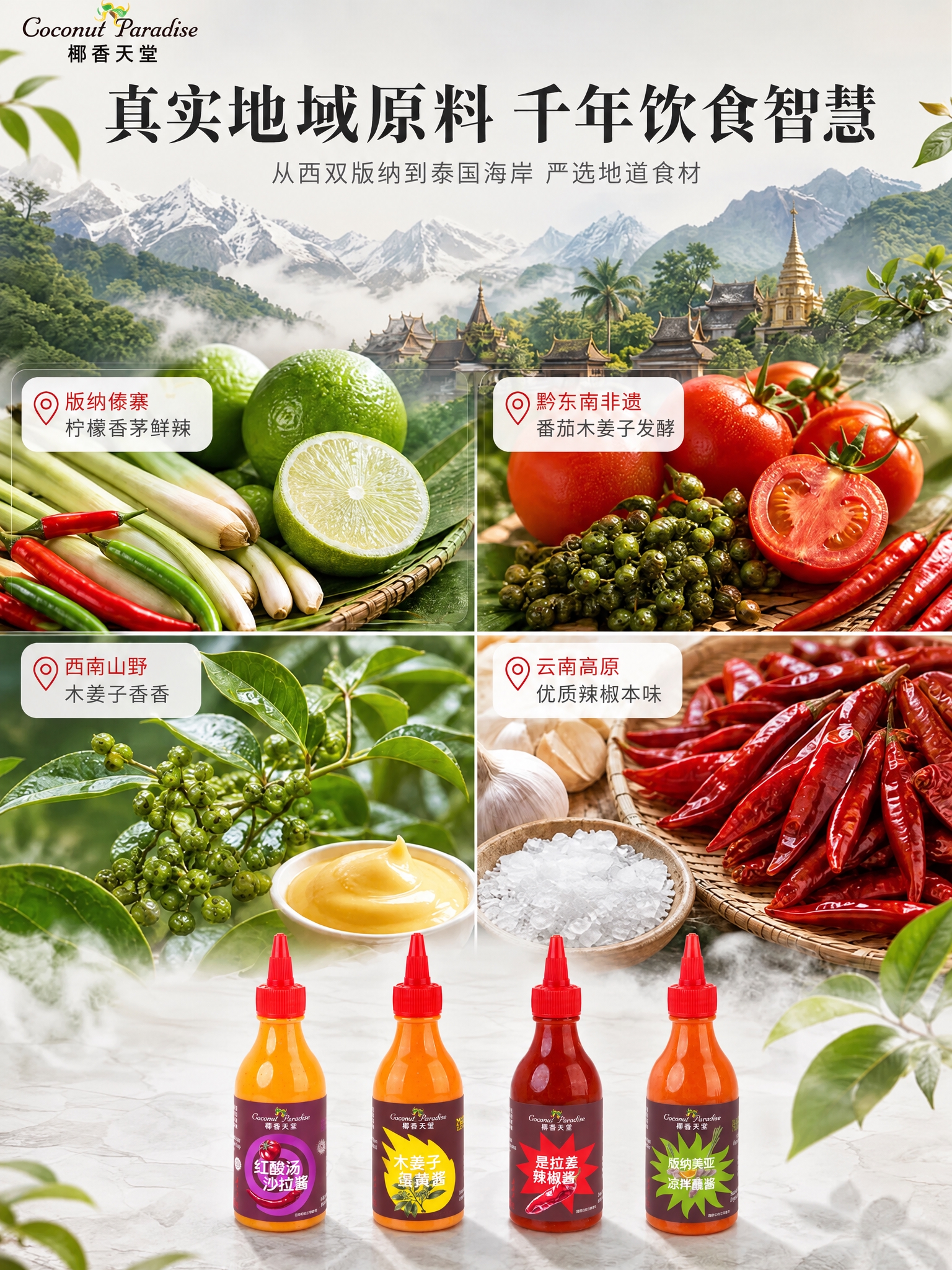 将图底部4款并排的酱料瓶的标签全部替换为新的标签，保持瓶身形状… - 图片创意预览