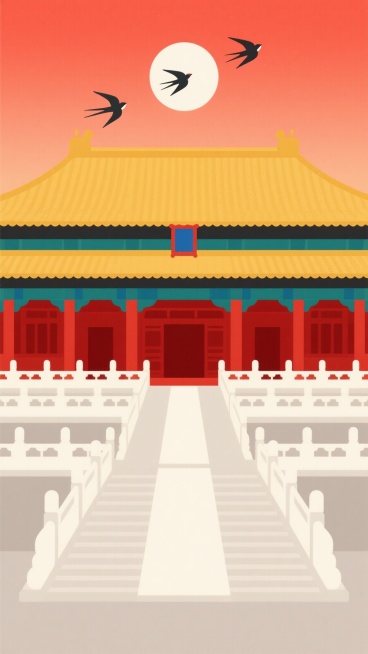 扁平化风格插画，干净简洁的故宫太和殿正面视图，黄色琉璃瓦庑殿顶，红色宫墙与朱漆立柱，白色汉白玉栏杆，背景为渐变橙红色天空，中央一轮圆形白日，三只飞鸟呈V字形掠过天际，整体色彩明快和谐，线条流畅，无多余装饰，适合作为背景素材使用。预览效果