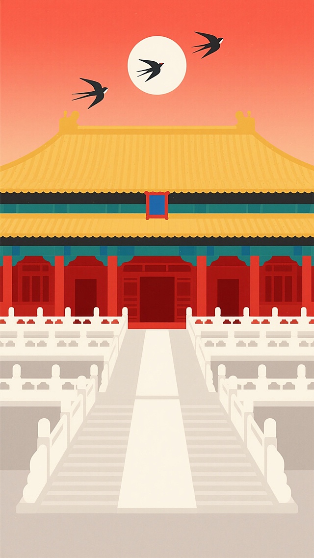 扁平化风格插画，干净简洁的故宫太和殿正面视图，黄色琉璃瓦庑殿顶，红色宫墙与朱漆立柱，白色汉白玉栏杆，背景为渐变橙红色天空，中央一轮圆形白日，三只飞鸟呈V字形掠过天际，整体色彩明快和谐，线条流畅，无多余装饰，适合作为背景素材使用。