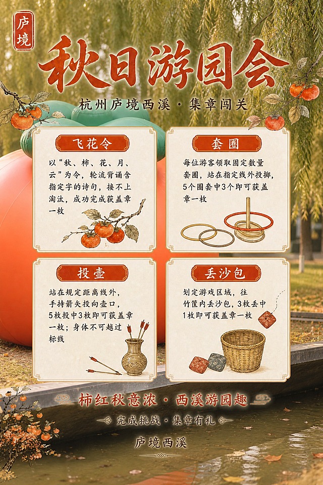 将第一张海报的背景替换为第二张图中的巨型充气柿子+垂柳+水景的真实场景风格，保留海报上所有文字内容、四个游戏规则卡片、标题、装饰元素和排版布局不变。背景处理为：以第二张图的巨型橙色充气柿子、垂柳枝条、水面和草地为主体环境，整体色调调整为温暖的秋日氛围，背景适当虚化做景深效果，让前景的文字和卡片清晰突出。海报整体风格融合真实场景与国风文字排版，保持A4竖版2:3比例，所有文字和规则内容完整保留不变。