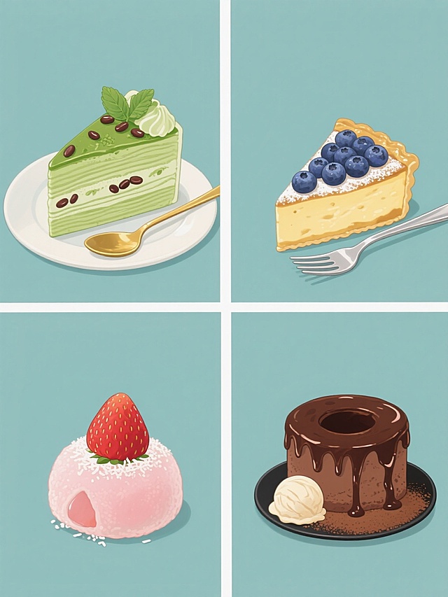 一套4格规整排布的美食插画，每格均为纯色背景，保持日系二次元插画风格，柔和明亮的光影，细腻平滑的数字绘画质感，厚涂色彩表现，精致的细节刻画。第一格：抹茶红豆千层蛋糕，绿色抹茶奶油层叠，点缀红豆粒和薄荷叶，配金色小勺；第二格：蓝莓芝士挞，金黄色挞底，表面铺满新鲜蓝莓，撒糖粉，配银色餐叉；第三格：草莓大福，粉色糯米外皮，内陷饱满，顶部放整颗草莓，撒白色椰蓉；第四格：巧克力熔岩蛋糕，深棕色蛋糕体，中心流淌巧克力酱，点缀香草冰淇淋球和可可粉，配黑色小碟。整体色彩明快协调，各美食主体突出，元素类别统一为西式甜点，构图均衡，视觉层次分明，无文字信息。