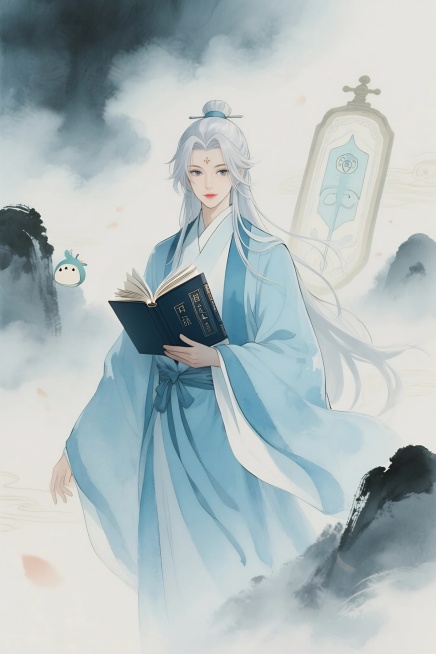 水墨风与宫崎骏画风融合的灵枢拟人形象，青蓝水墨勾勒长袍，银发飘逸，眼神温润带东方哲思，背景云雾缭绕，融合吉卜力式细腻光影，展现医道智慧与灵动仙气预览效果