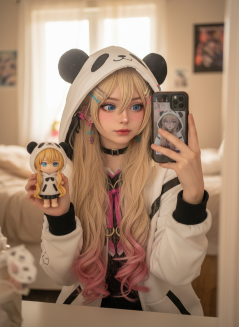 cosplayer真人照片，根据该图生成一张现实生活中扮演该角色的写实风格，人物所在的写实场景与原作相对应，人物一只手抬起拿着手机对着镜子正在自拍，另一只手靠近镜头托着带有与该cosplayer照片相预览效果