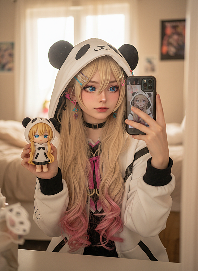 cosplayer真人照片，根据该图生成一张现实生活中扮演该角色的写实风格，人物所在的写实场景与原作相对应，人物一只手抬起拿着手机对着镜子正在自拍，另一只手靠近镜头托着带有与该cosplayer照片相对应的玩偶手办。