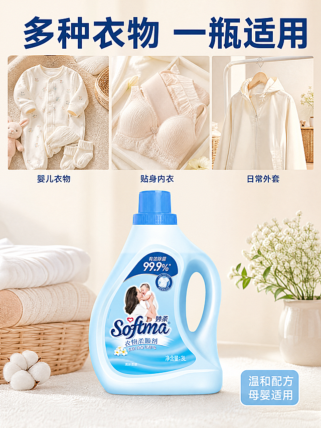 [主图-4] 妙柔衣物柔顺剂多场景适用展示图
[氛围风格] 温馨家庭生活感，亲切自然
[画质] 商业摄影质感、光线柔和通透、产品清晰真实、画面干净高级
[元素] 妙柔3L衣物柔顺剂放置在画面下半部分居中位置，上方宫格展示三个适用场景：第一格婴儿衣物、第二格贴身内衣、第三格日常外套。保持产品外观（物理结构、材质质感、颜色）与输入产品图绝对一致，杜绝任何变形和色差，精细化处理。整体画面满屏无边框，商品主体占比约50%。每个场景都干净清晰，光线和整体主图保持一致。
[光影] 整体均匀明亮的自然光，每个场景光影统一，产品清晰突出，背景浅米色柔和。
[配色] 浅米色背景，浅蓝产品，搭配场景自然色调，文字深蓝色，整体温馨干净。
[视角构图] 宫格分屏展示，产品在下居中，场景在上分三格，整体构图清晰不拥挤。
[文字版式] 顶部大标题“多种衣物 一瓶适用”加粗深蓝色居中。每个场景格下方标注对应场景名称，小字号深蓝色文字。右下角补充说明“温和配方 母婴适用”白色字浅蓝色小标签。文字都不遮挡产品主体，清晰易读。
[比例分辨率] 3:4比例，4k分辨率；文字清晰锐利，画面超高清。
[负向提示词] 变形，水印，文字错乱，产品图模糊，背景杂乱，文字遮挡主体