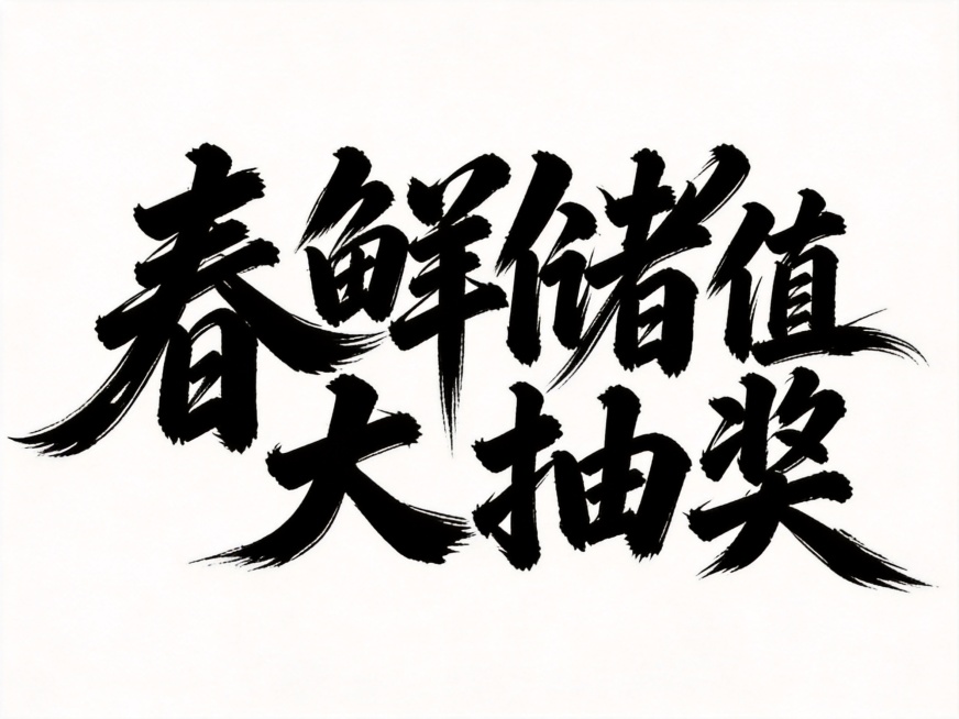 干净的纯白色背景，平面书法艺术字体设计，五个字“春鲜储值大抽奖”，全部文字分两行排列，保留参考图的字形，粗毛笔书法手写风格，笔势苍劲有力，笔画粗细对比鲜明，末端锐利富有张力，字形端正厚重带有动感，字体预览效果
