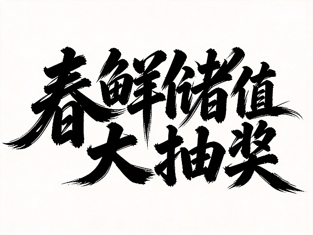 干净的纯白色背景，平面书法艺术字体设计，五个字“春鲜储值大抽奖”，全部文字分两行排列，保留参考图的字形，粗毛笔书法手写风格，笔势苍劲有力，笔画粗细对比鲜明，末端锐利富有张力，字形端正厚重带有动感，字体颜色为纯黑色，背景上没有任何装饰元素，文字整体必须完整呈现在画面内不可被裁切，四周留有安全边距。比例4:3