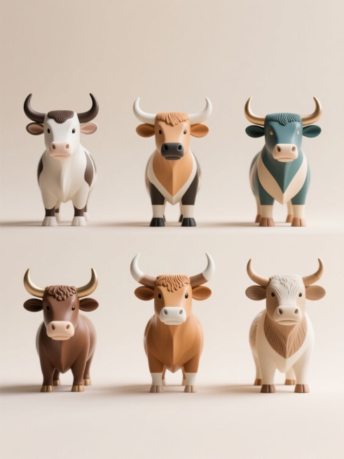高分辨率摄影风格，6个不同配色、不同样式、不同材质的「牛」造型，浅色背景，上下两行对齐排列，每个牛造型具有独特的色彩搭配、设计样式和材质质感，光线明亮柔和，整体画面简洁清晰，突出牛造型的多样性和细节，适合用于展示或设计参考。预览效果